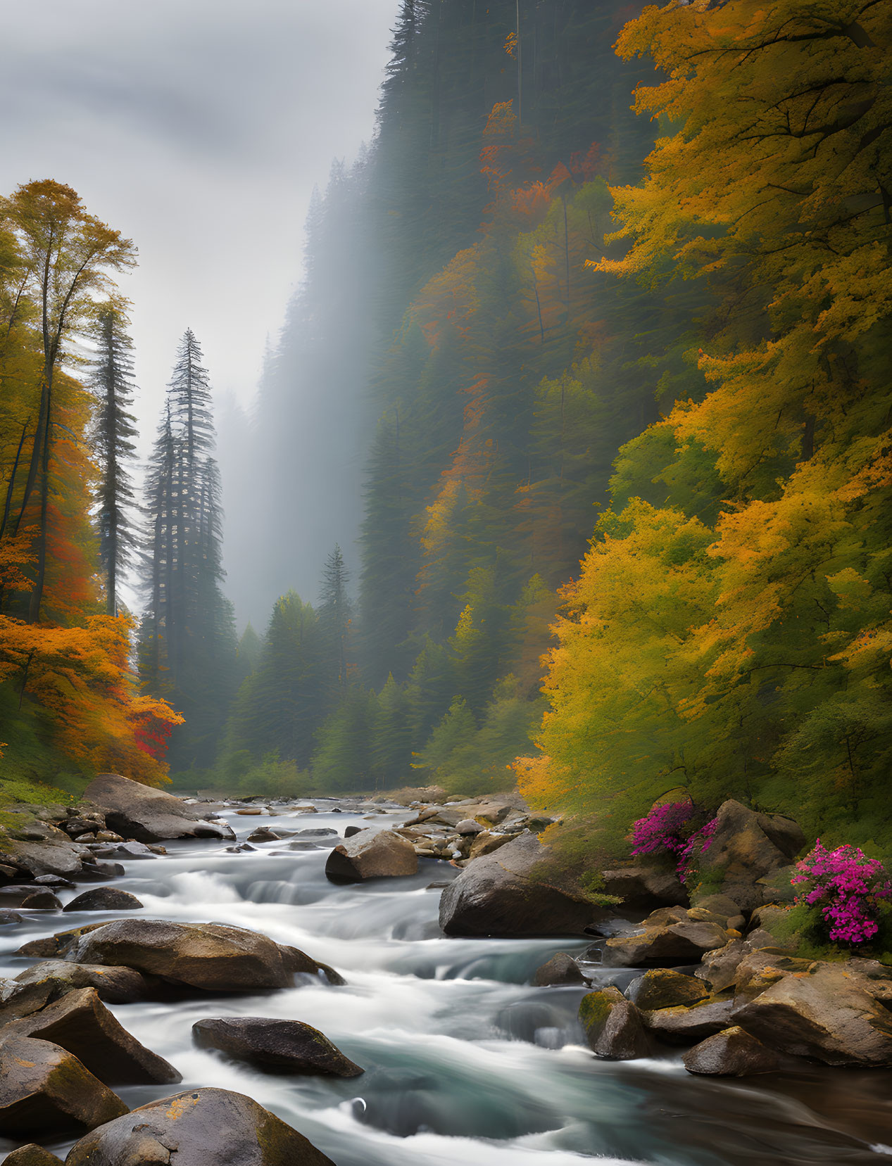 Tranquil river in misty autumn forest with tall trees and colorful foliage