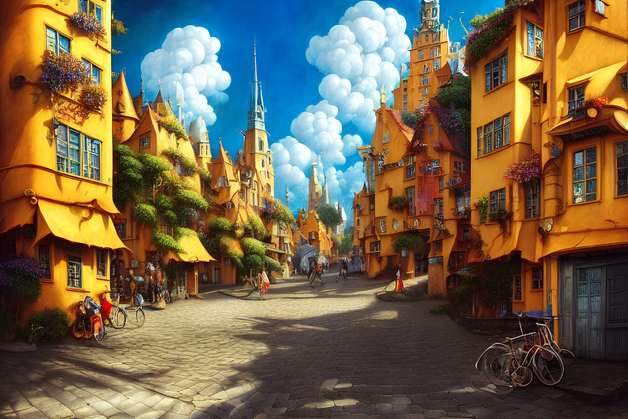 Colorful street scene with orange buildings, greenery, and people under a blue sky