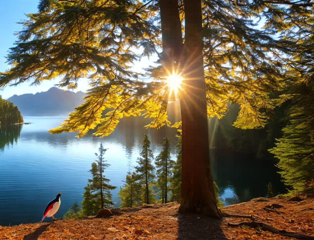 Forest lake scene with sunlight and blurred figure at sunset or sunrise