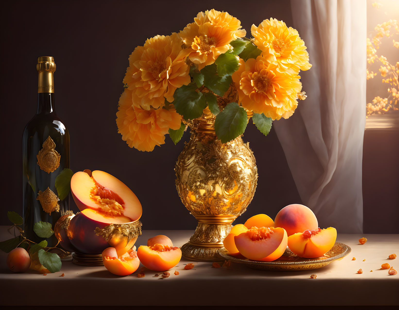 Golden Vase with Orange Flowers, Peaches, and Bottle on Table