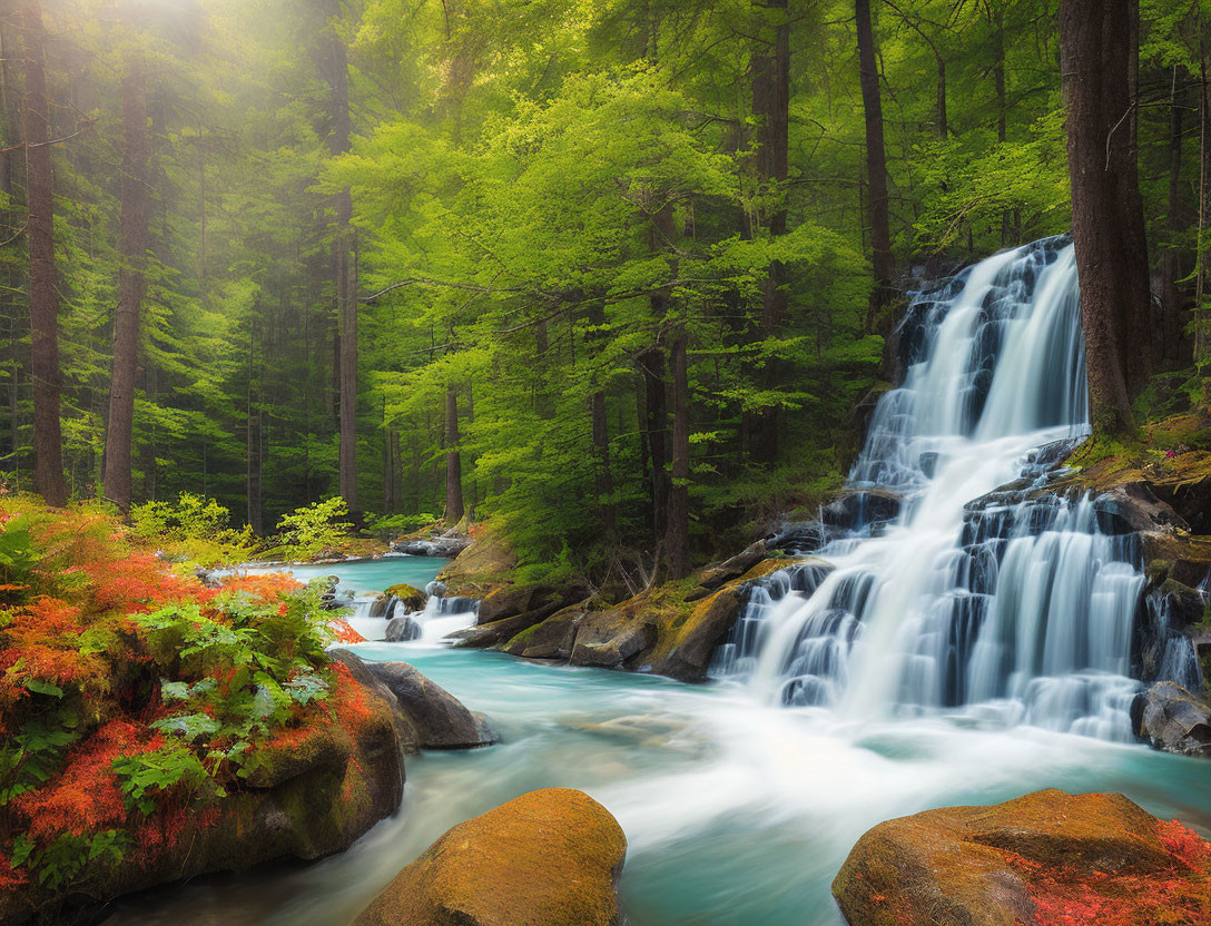 Tranquil forest waterfall with silky smooth water effect