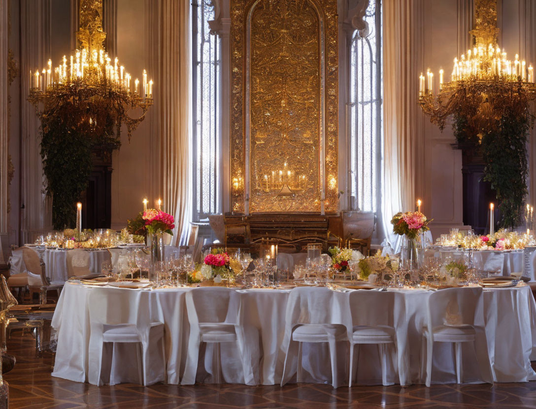 Elegant dining hall with candlelit tables, chandeliers, floral arrangements