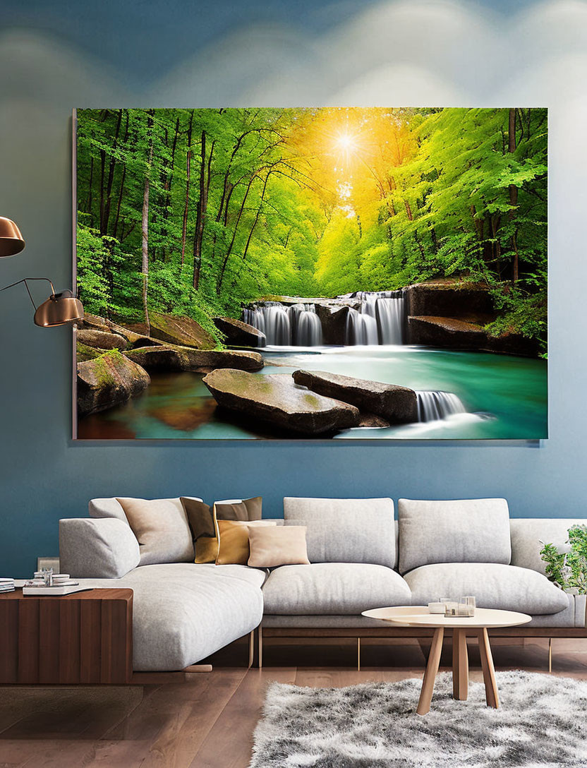 Tranquil living room with lush forest canvas