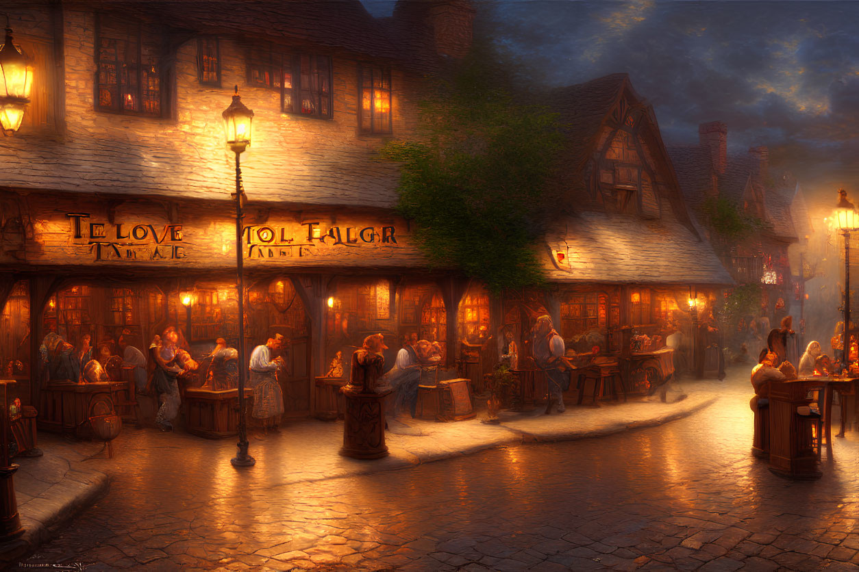 Bustling tavern scene with patrons under warm lantern light