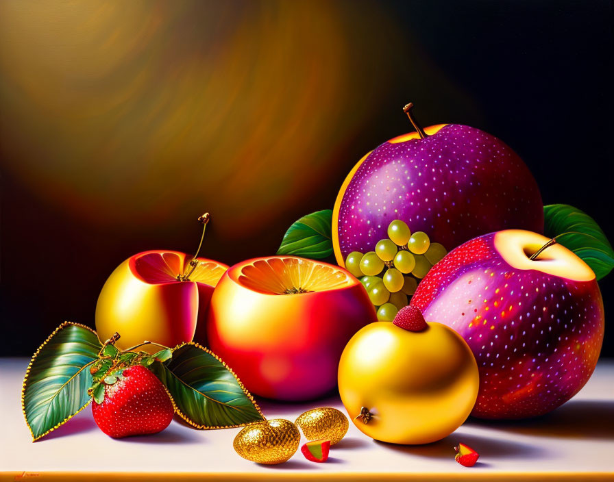 Colorful hyper-realistic fruit still life on reflective surface