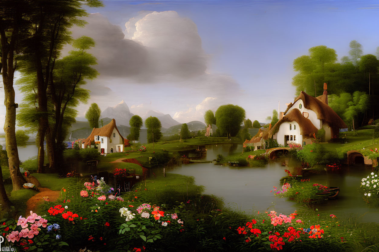 Tranquil village scene with thatched cottages, lake, greenery, flowers, mountains,