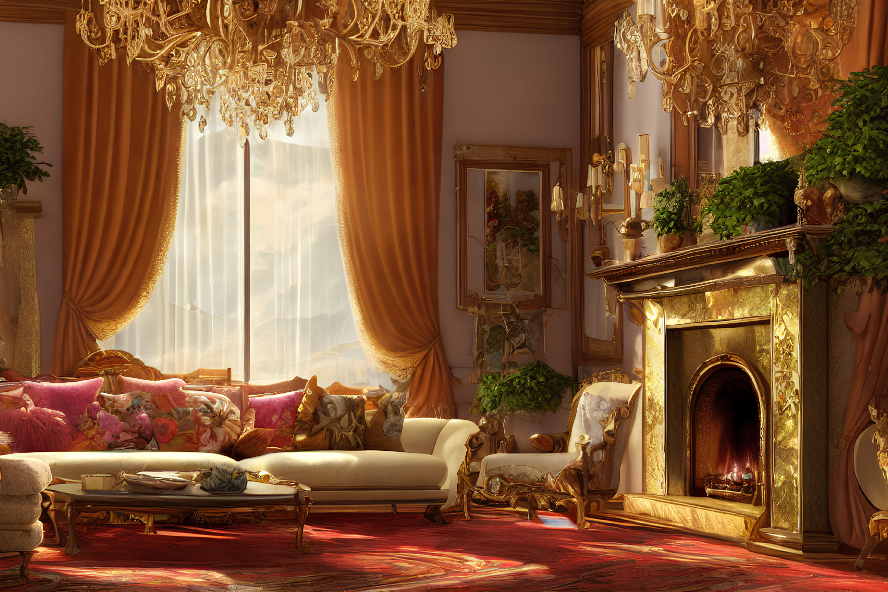 Luxurious Room with Fireplace, Chandelier, Sofas, Decor, and Sunlit Curtains