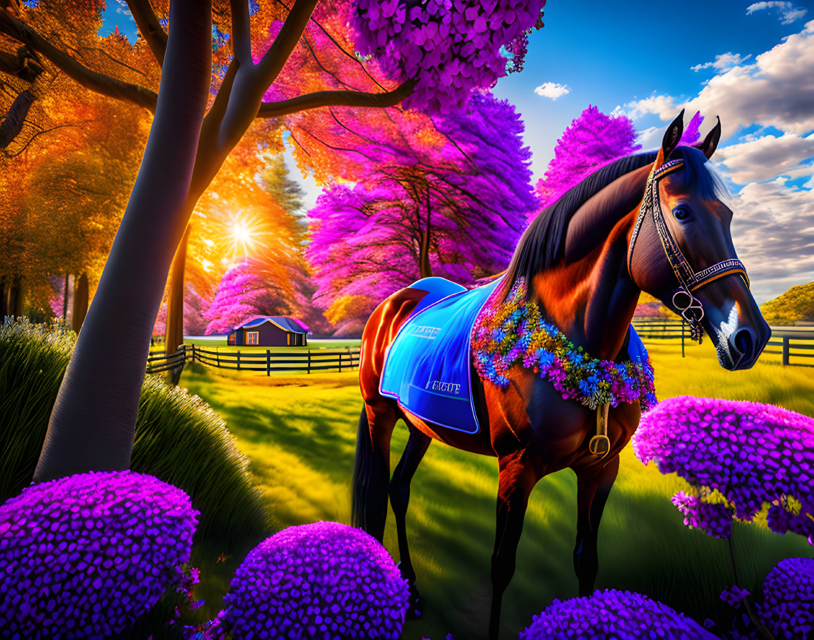 Colorful horse illustration in field with flowers and sunset.