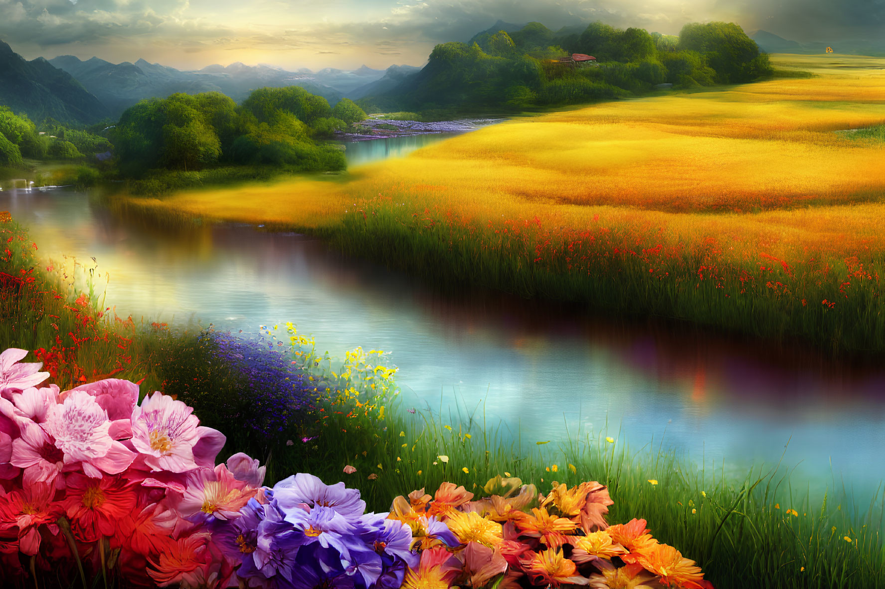 Tranquil landscape with reflective river, blooming flowers, golden fields, and distant green hills