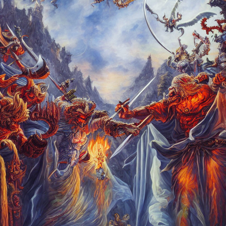 Fiery demonic creatures battle in rocky landscape