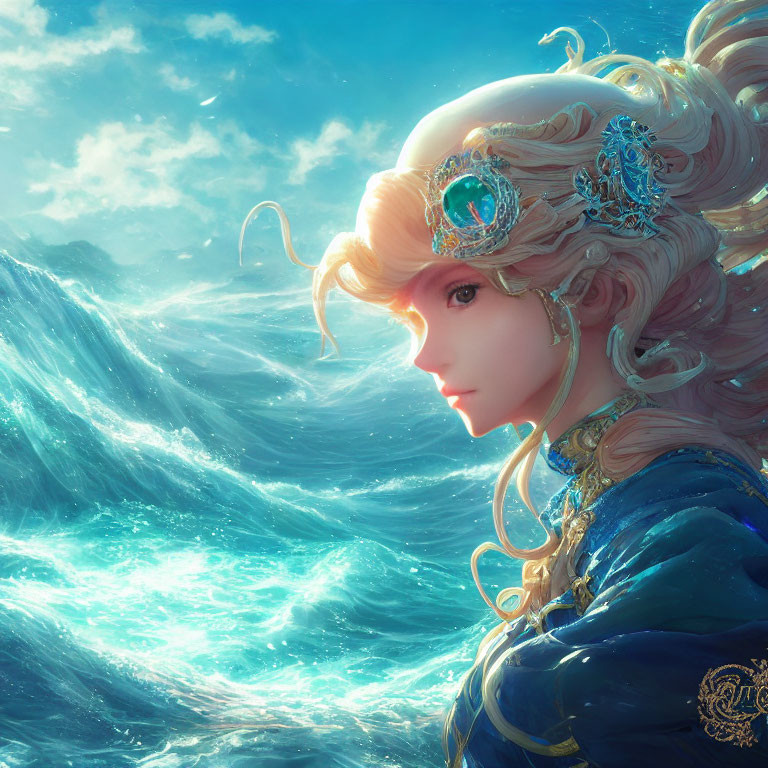 Fantasy artwork: Woman with ornate hair and jewelry by tumultuous sea