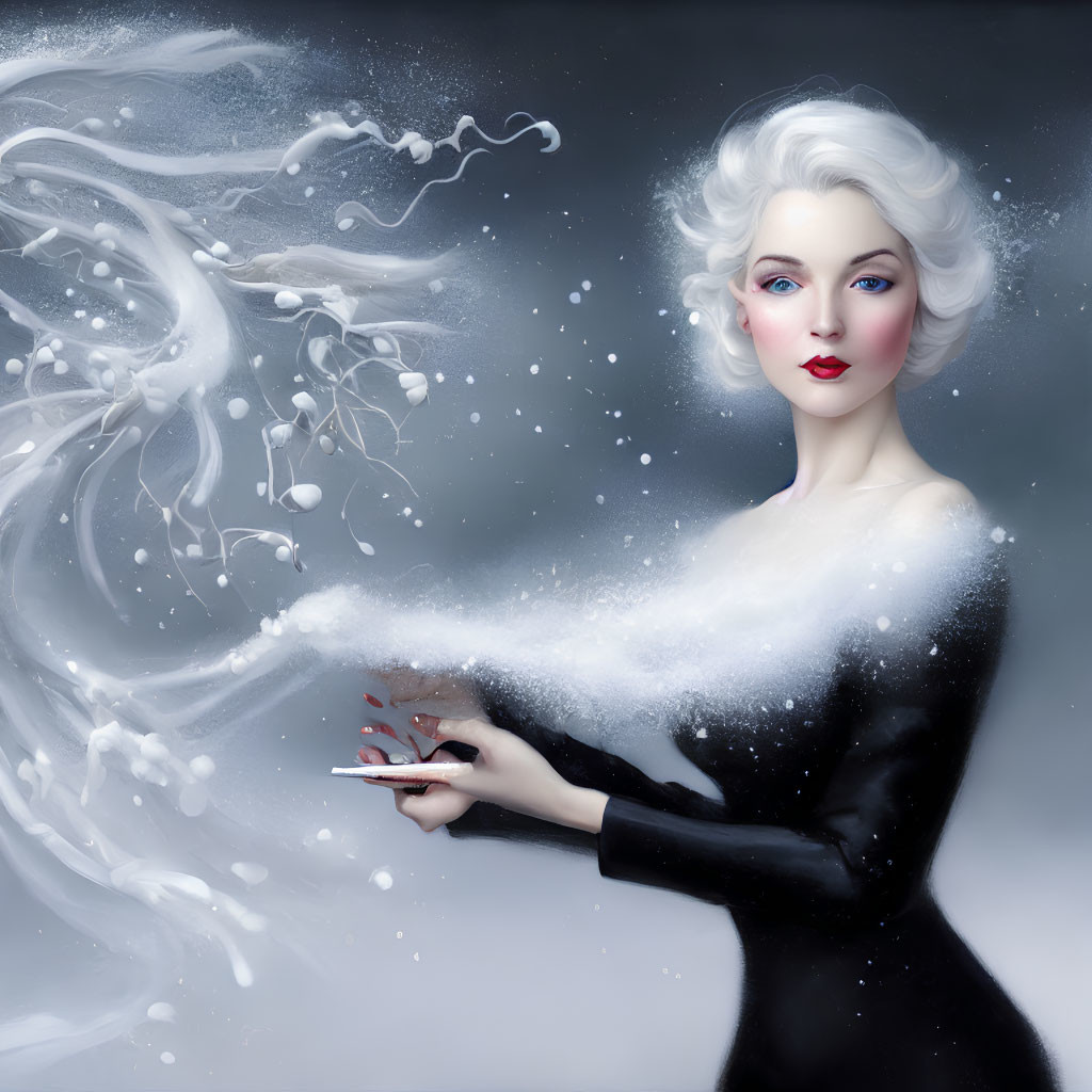 Illustrated woman with pale skin, red lips, snowy hair in swirling mist.