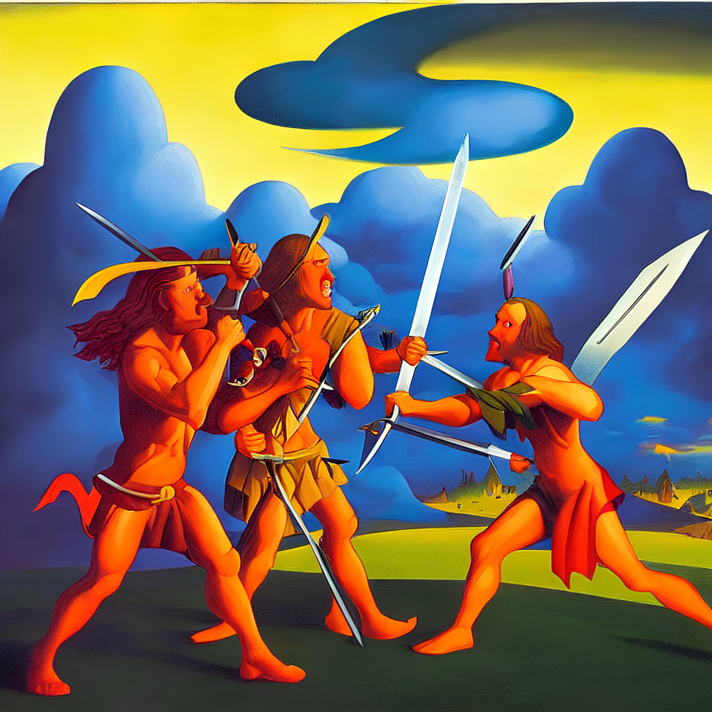 Muscular warriors in loincloths sword fight under dramatic sky