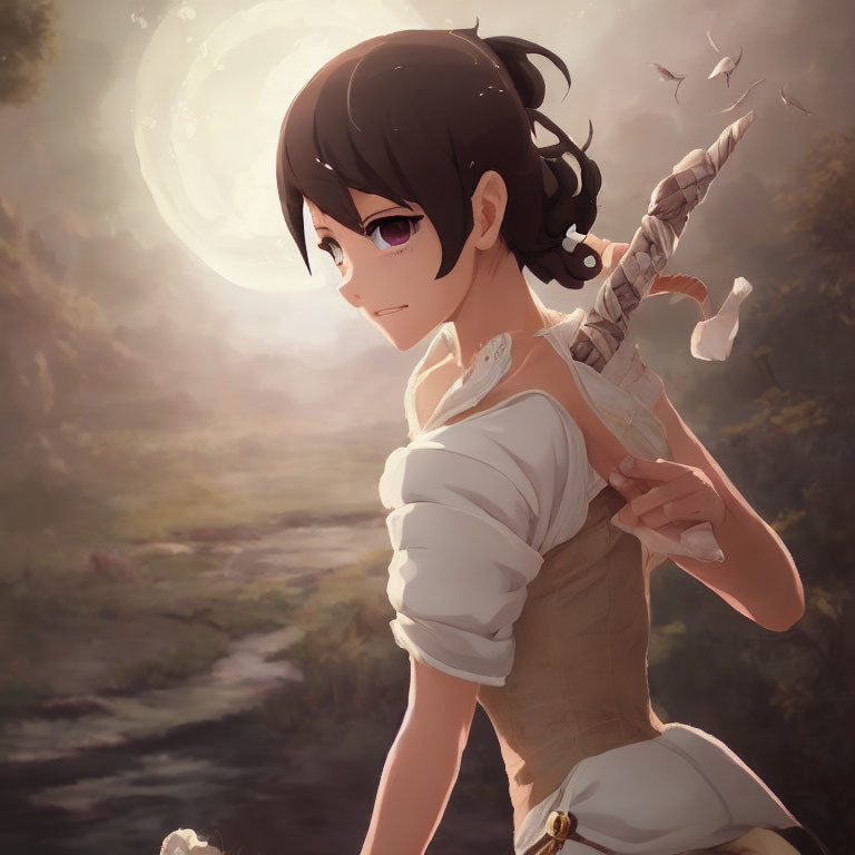 Anime-style girl with black hair holding a sword in misty forest.