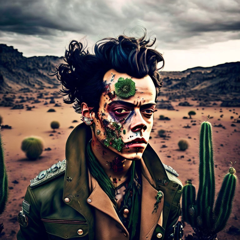 Stylized portrait of a person with dramatic makeup and hair against desert backdrop