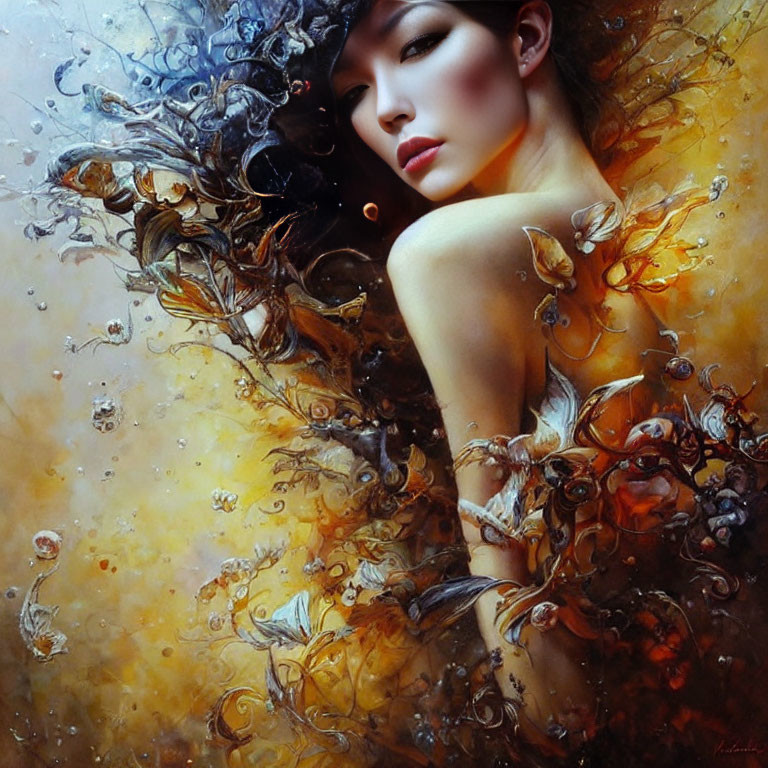 Woman's portrait with flowing hair and abstract liquid and leaf design elements in warm tones.