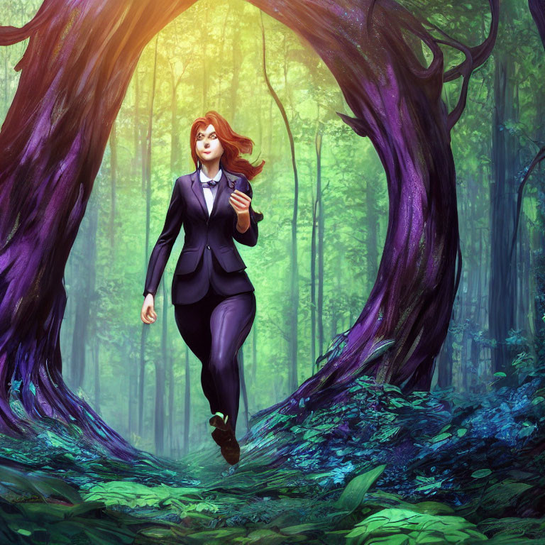 Businesswoman navigating mystical forest with glowing blue foliage and twisted tree gateway