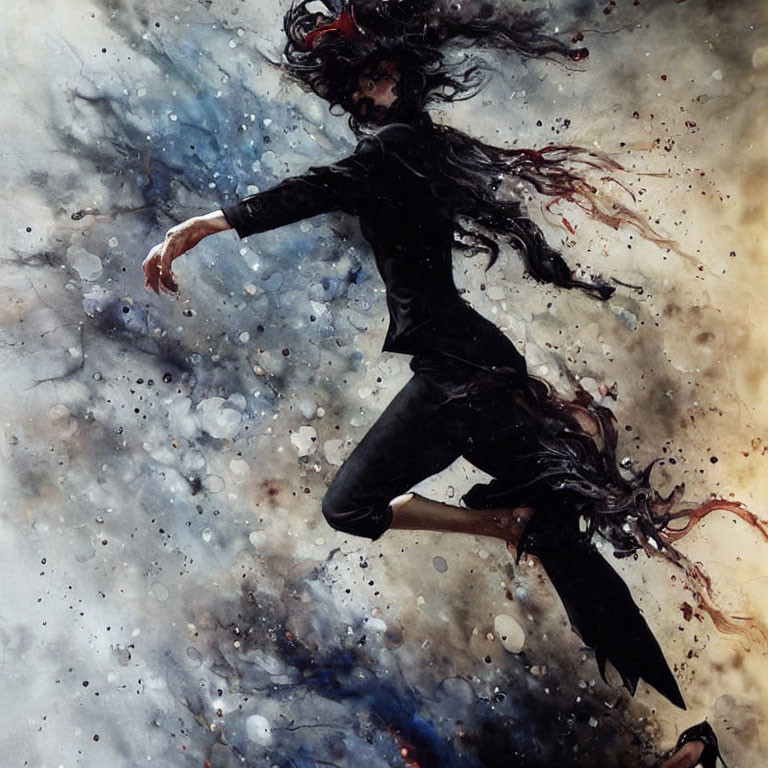 Floating figure in black amidst dark and light watercolor splashes