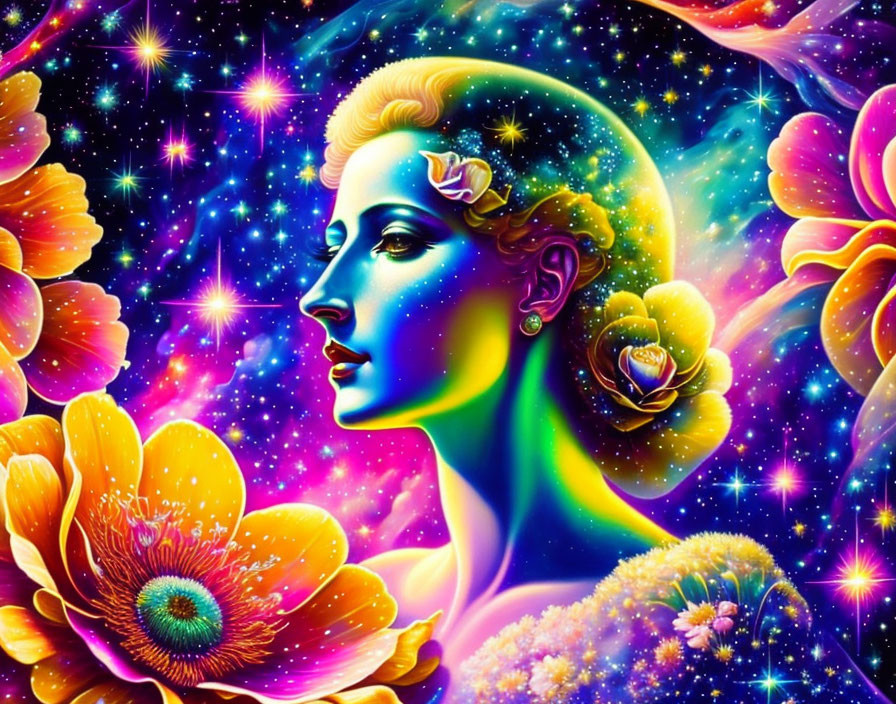 Colorful psychedelic portrait of woman with glowing skin and cosmic background