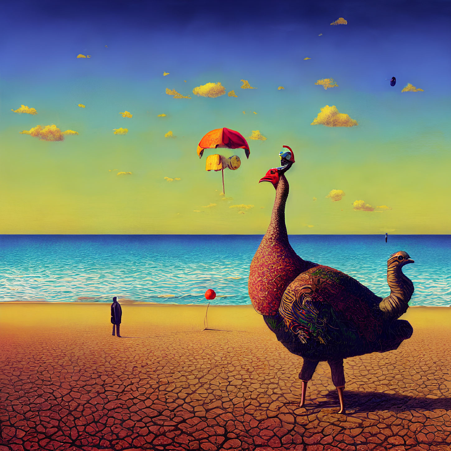 Surreal image: giant peacock, small figure, odd elements on cracked beach, calm sea