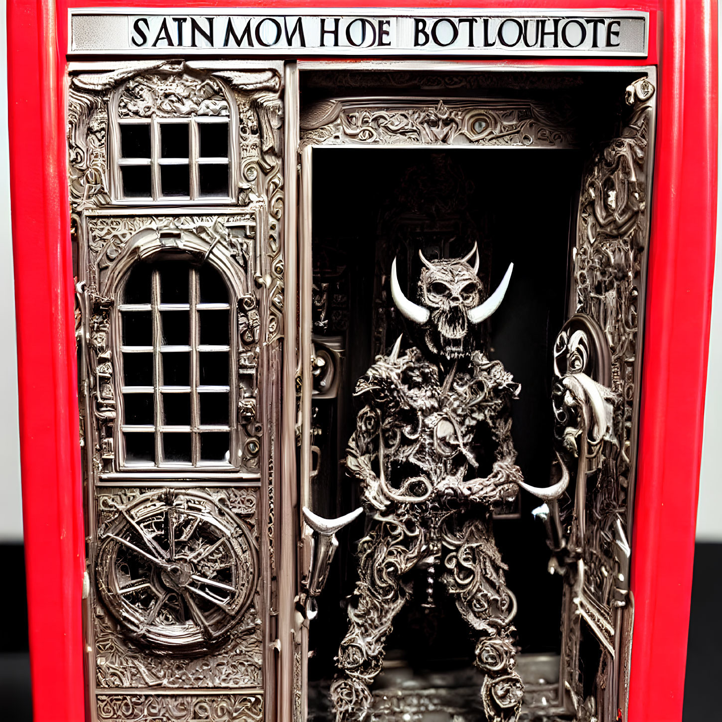 Monochrome demon figure with trident in ornate gothic telephone booth