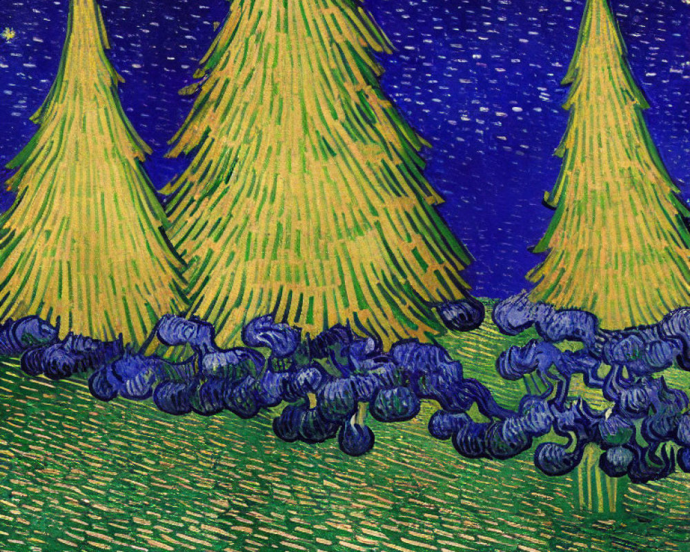 Vibrant starry night scene with yellow cypress trees and swirling blue/violet bushes