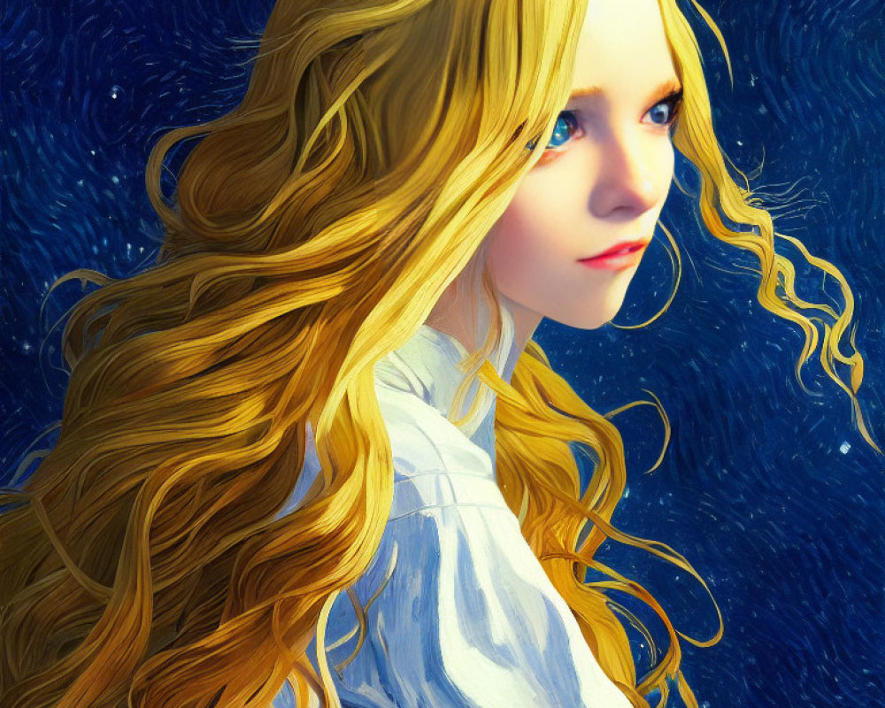 Blonde woman illustration against starry night sky, profile view