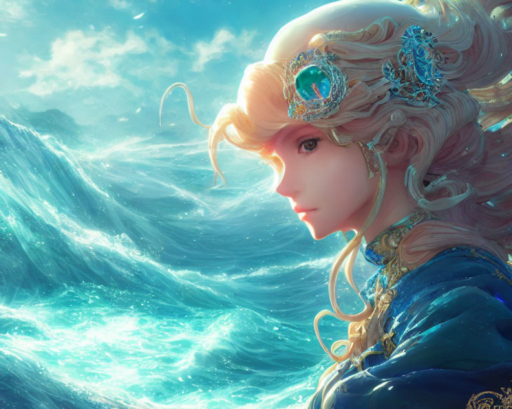 Fantasy artwork: Woman with ornate hair and jewelry by tumultuous sea