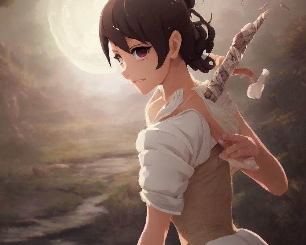 Anime-style girl with black hair holding a sword in misty forest.