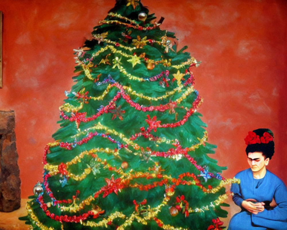 Person with distinctive hairstyle and floral headpiece in front of decorated Christmas tree in warm-toned room