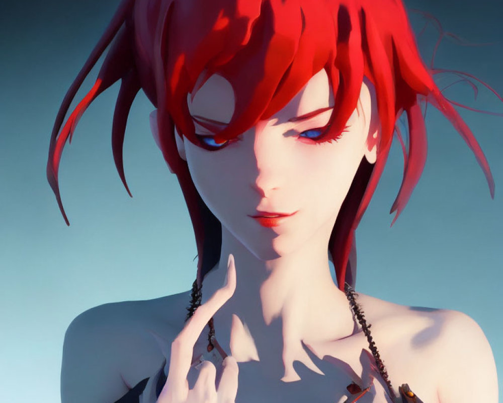 Digital artwork: Character with bright red hair and pale skin, deep in thought