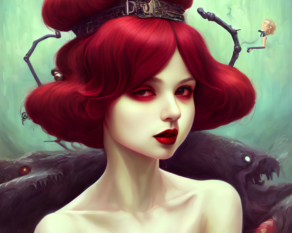 Vibrant red hair woman with mystical crown and creatures in green backdrop