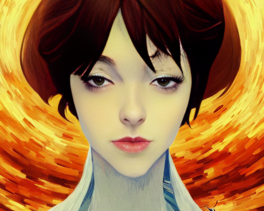 Stylized digital portrait of young woman with expressive eyes and red figure on shoulder