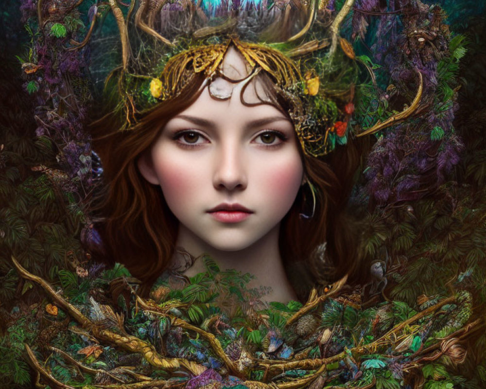 Mystical woman with large ornate antlers in lush forest portrait