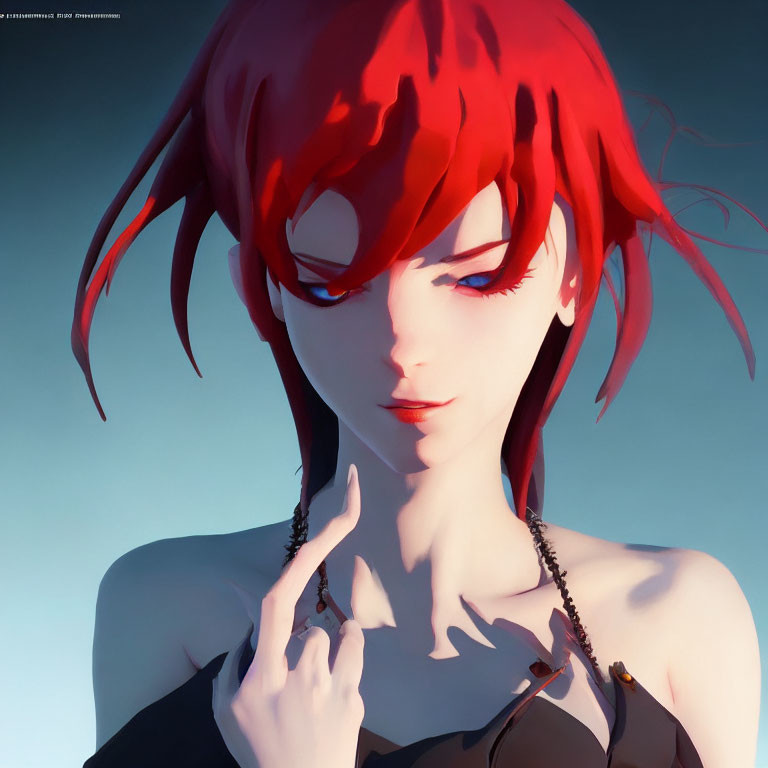 Digital artwork: Character with bright red hair and pale skin, deep in thought