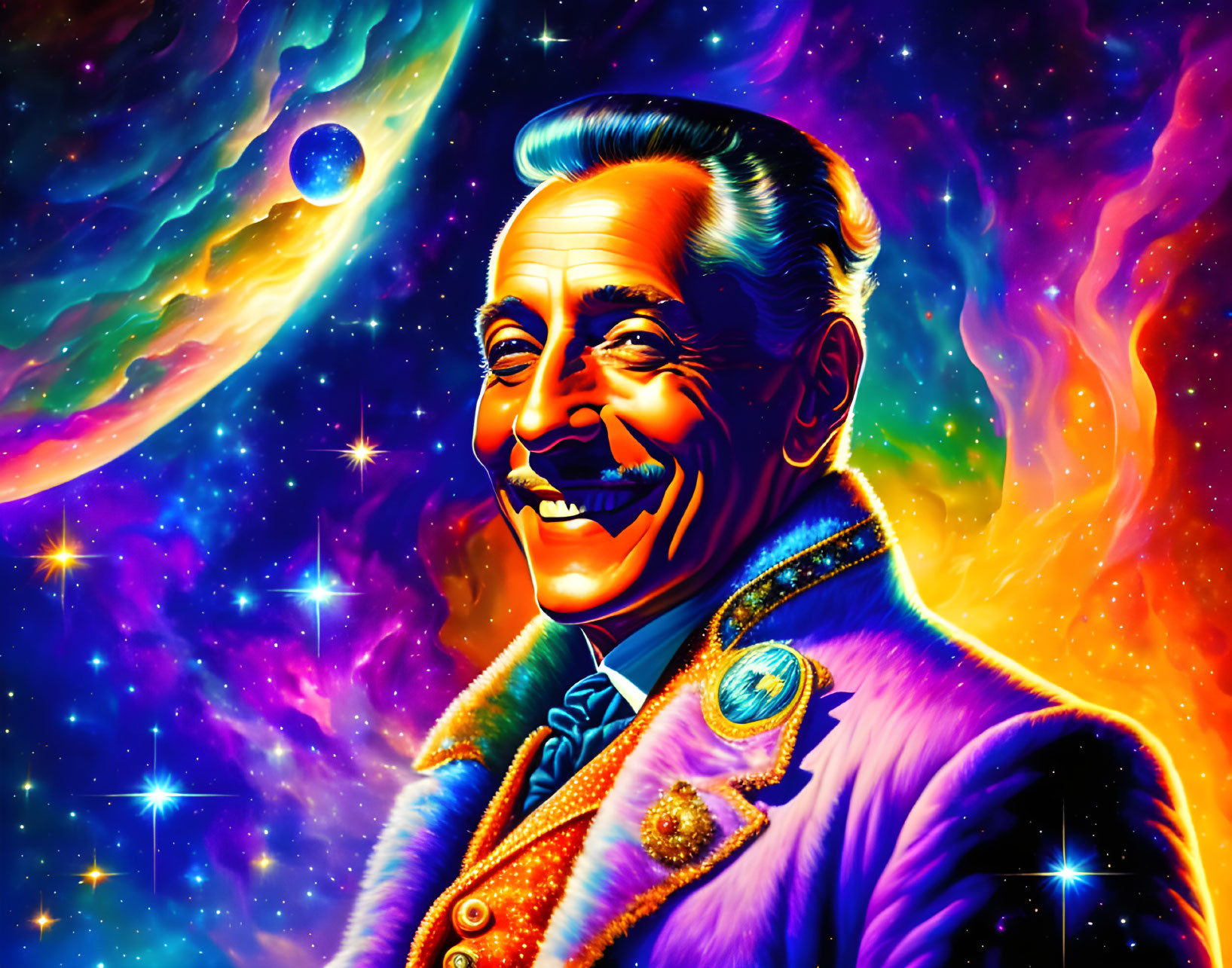 Colorful cosmic portrait of a smiling man in space-themed suit