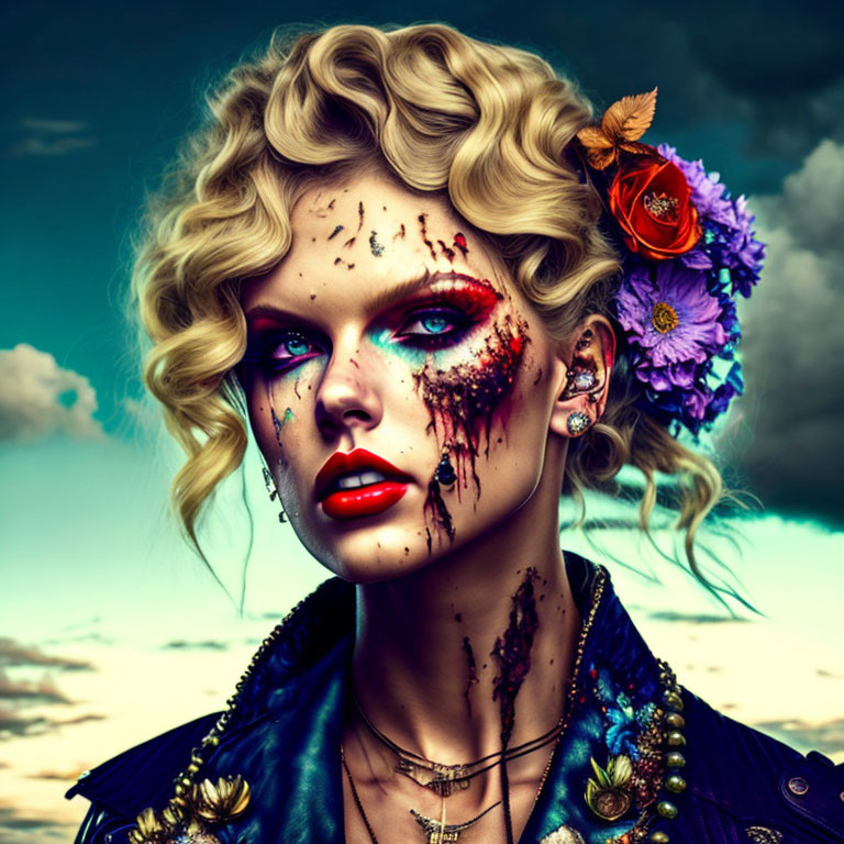 Stylized portrait of a woman with blue eyes, floral hair, dramatic makeup, and blood-like