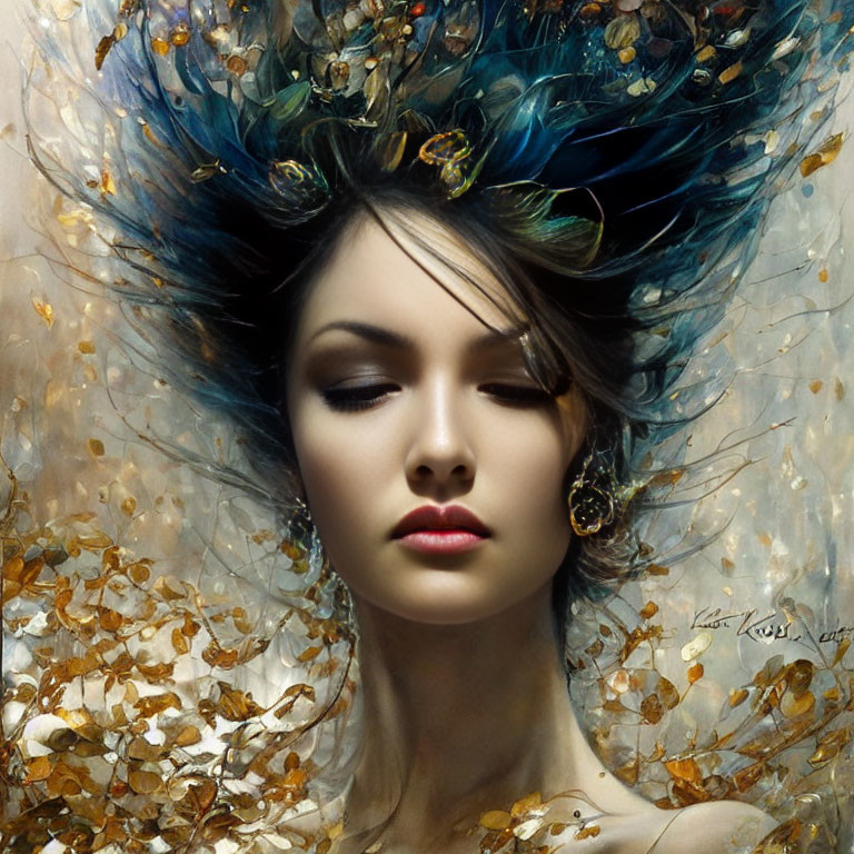 Surreal portrait of woman with blue and teal hair and butterflies