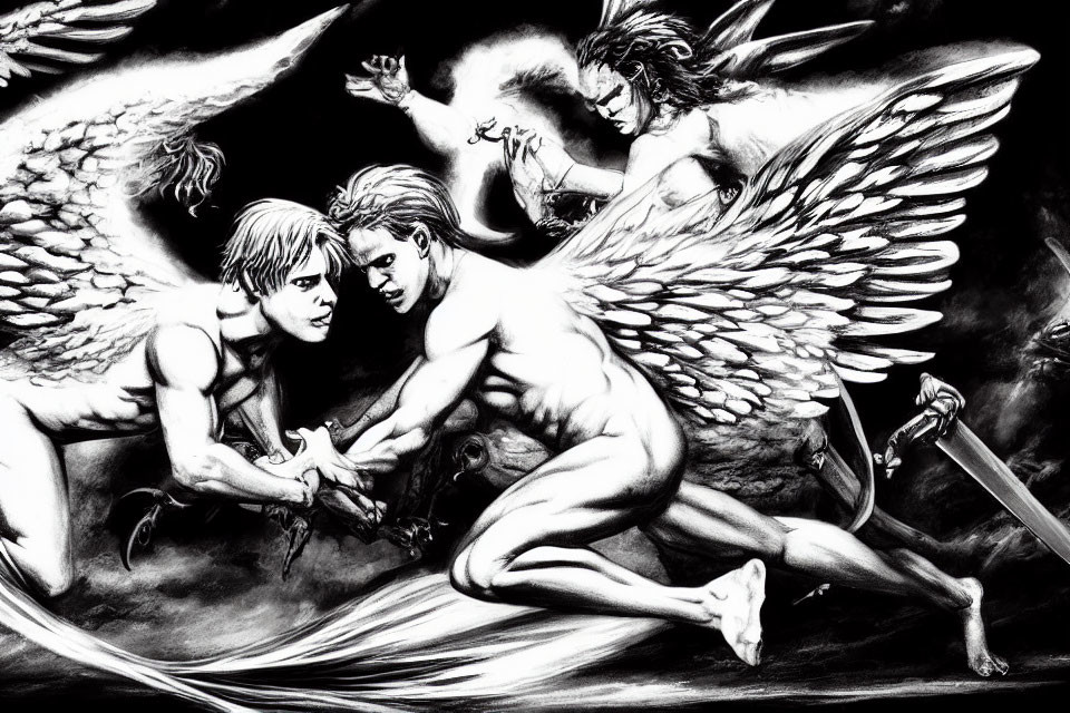 Monochrome artwork featuring three angels in intense exchange with pronounced wings and a sword.