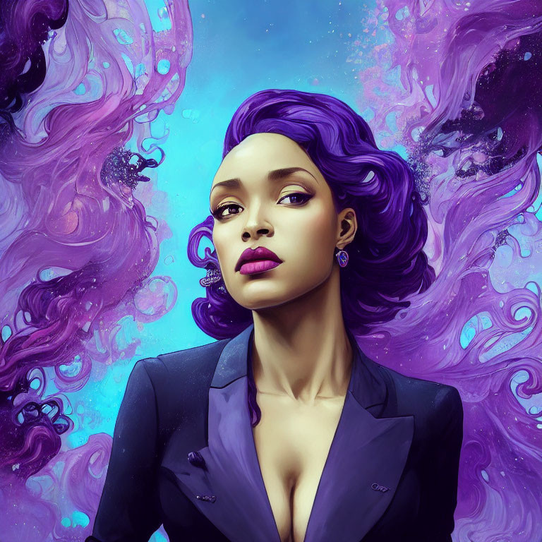 Purple-haired woman in suit with cosmic patterns - Illustration