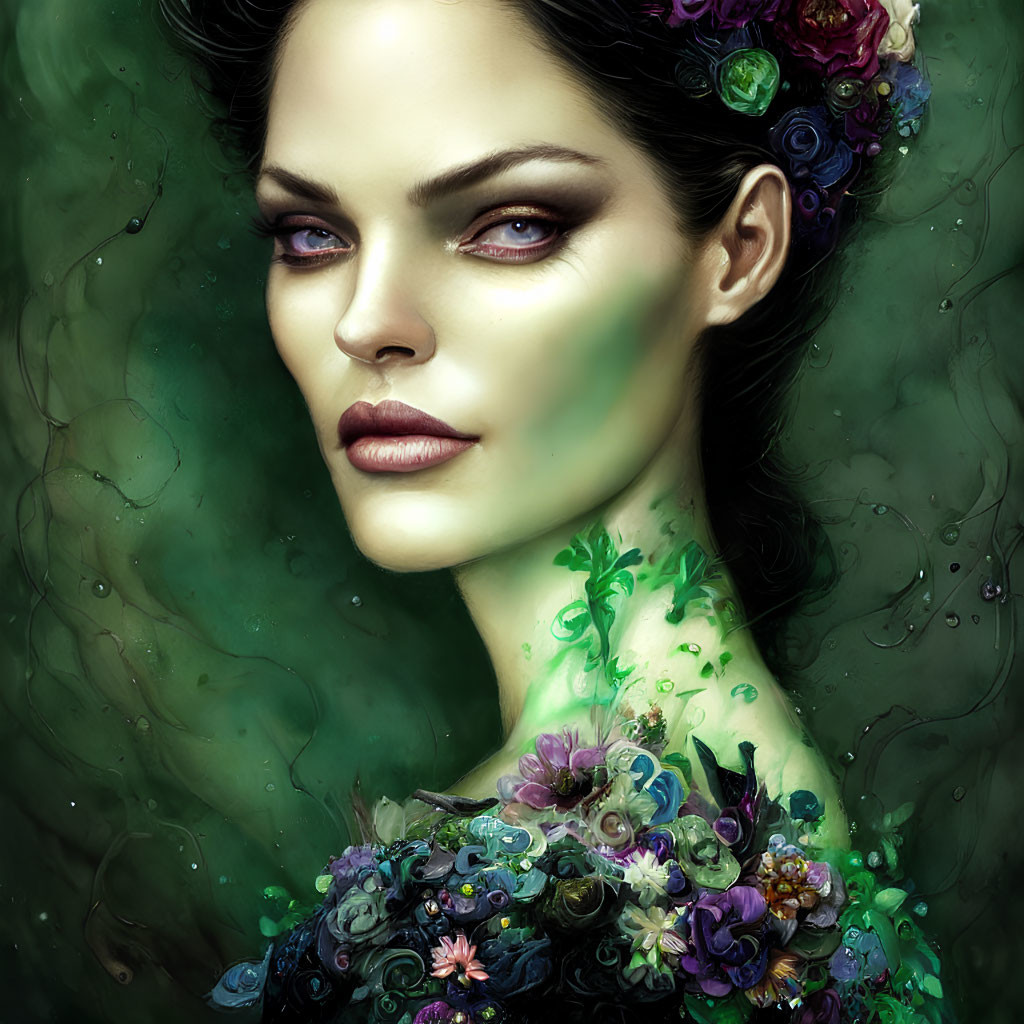 Detailed digital portrait of woman with floral & jewel-like accents on dark green background