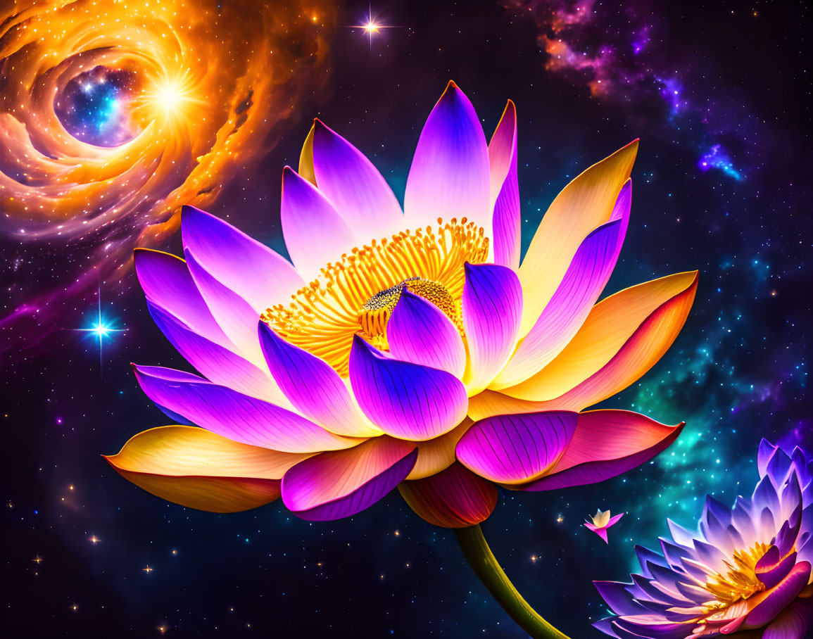 Colorful digital artwork: Large purple and pink lotus flower in cosmic setting