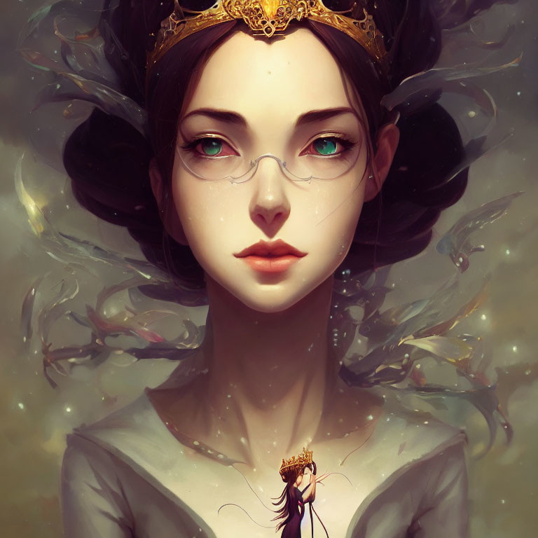 Illustration of woman with crown and glasses in mystical setting