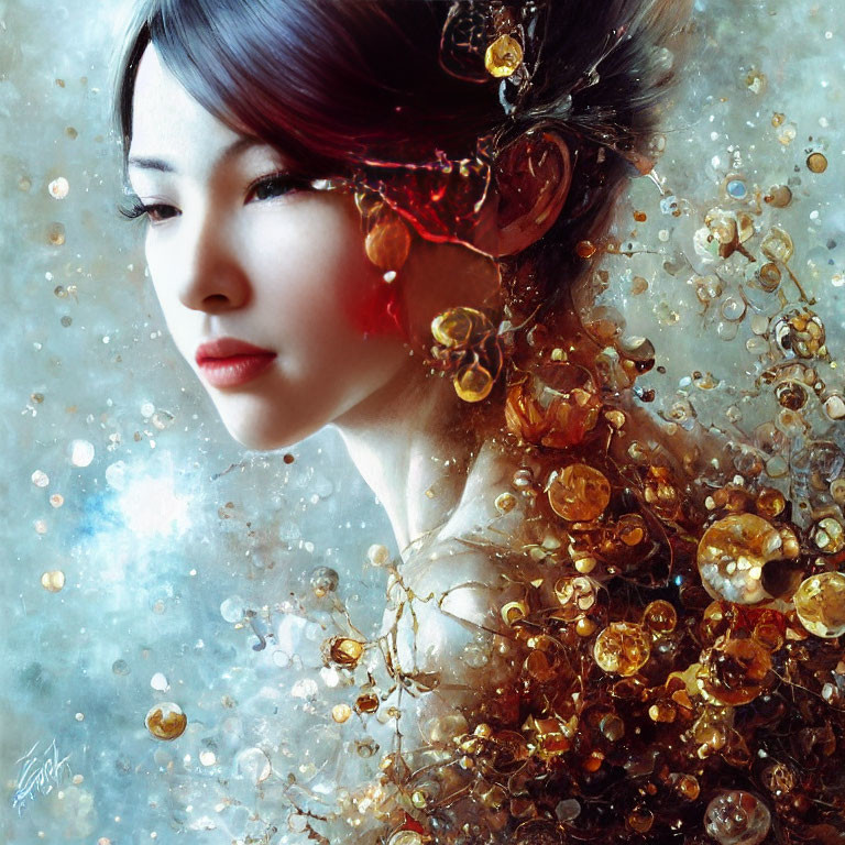 Asian woman with serene expression and gold embellishments in ethereal setting