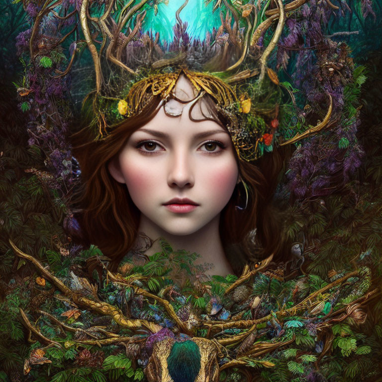 Mystical woman with large ornate antlers in lush forest portrait