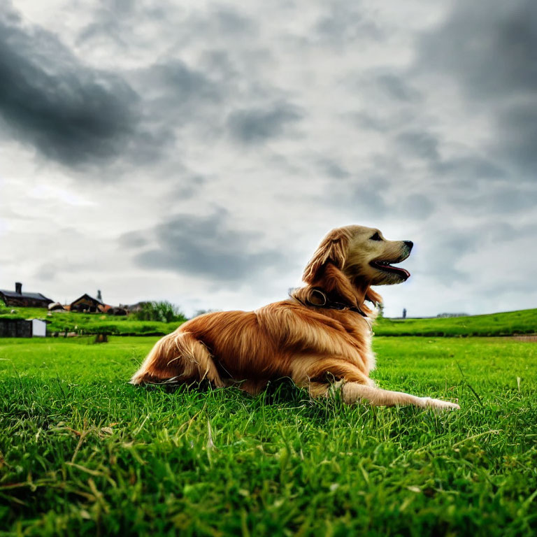 Golden Retriever on Grass under Dramatic Sky with Countryside Background