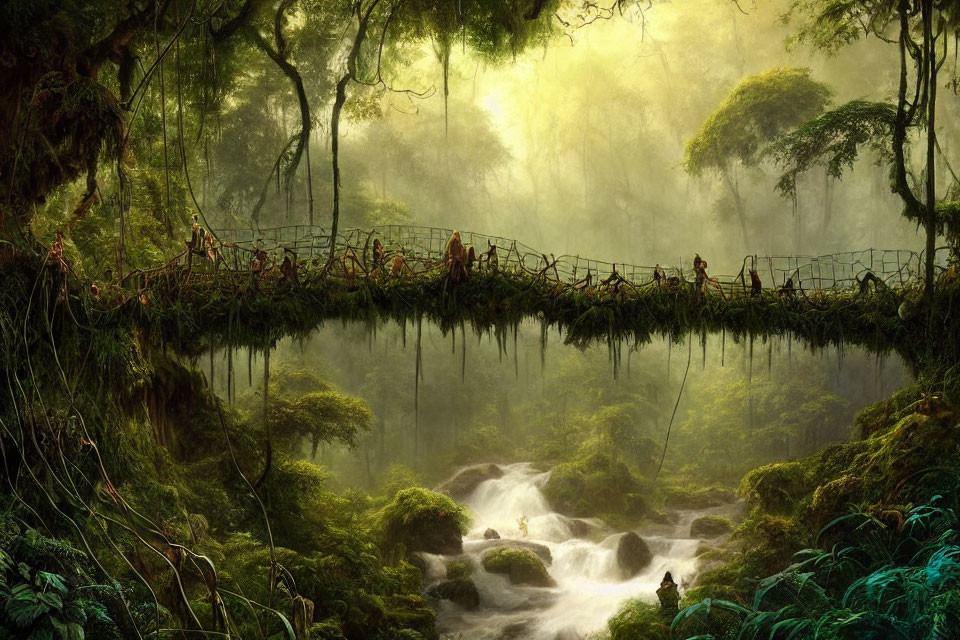 Travelers cross misty jungle rope bridge above flowing river