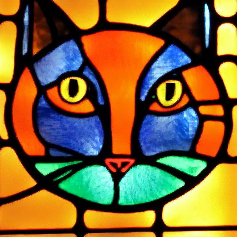 Colorful Stained Glass Design of Stylized Cat Face