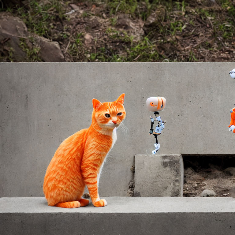 Orange Tabby Cat with White Robot and Orange Creature in Background