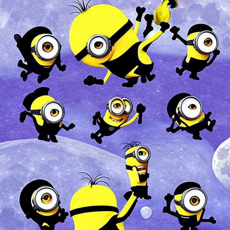 Yellow Minions in Various Poses on Purple Moon Background